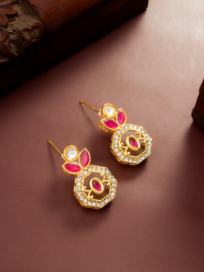 Aadita Gold Plated Geometric Octagon Red Stone Earrings