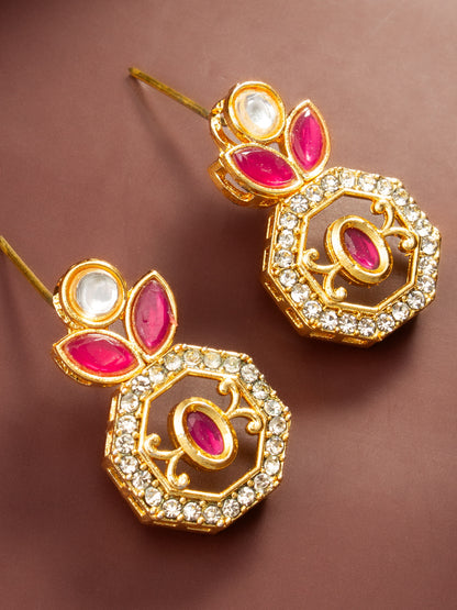 Aadita Gold Plated Geometric Octagon Red Stone Earrings