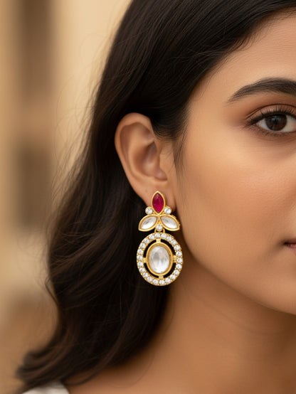 Aadita Gold Plated Oval Halo Drop Earrings with Red Accent