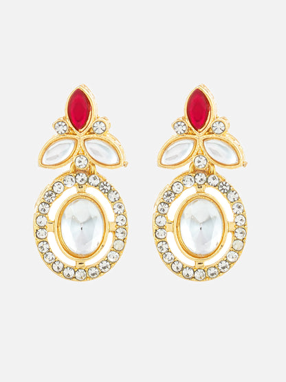 Aadita Gold Plated Oval Halo Drop Earrings with Red Accent