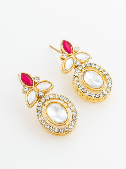 Aadita Gold Plated Oval Halo Drop Earrings with Red Accent