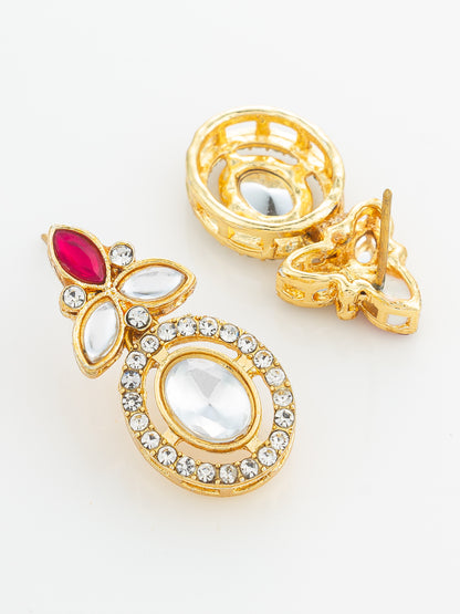 Aadita Gold Plated Oval Halo Drop Earrings with Red Accent