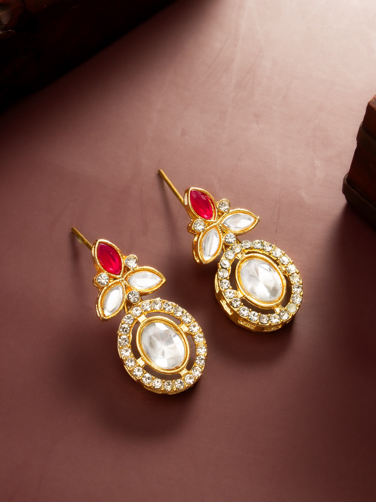 Aadita Gold Plated Oval Halo Drop Earrings with Red Accent