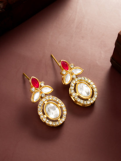 Aadita Gold Plated Oval Halo Drop Earrings with Red Accent