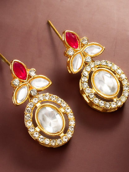 Aadita Gold Plated Oval Halo Drop Earrings with Red Accent