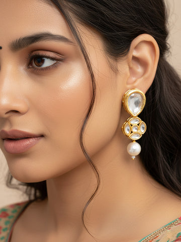 Aadita Gold Plated Long Pear Drop Earrings with Pearl Dangle