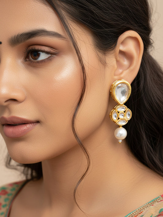 Aadita Gold Plated Long Pear Drop Earrings with Pearl Dangle