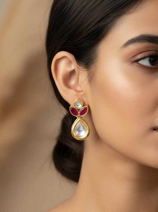 Aadita Gold Plated Floral Motif Ruby and White Stone Drop Earrings