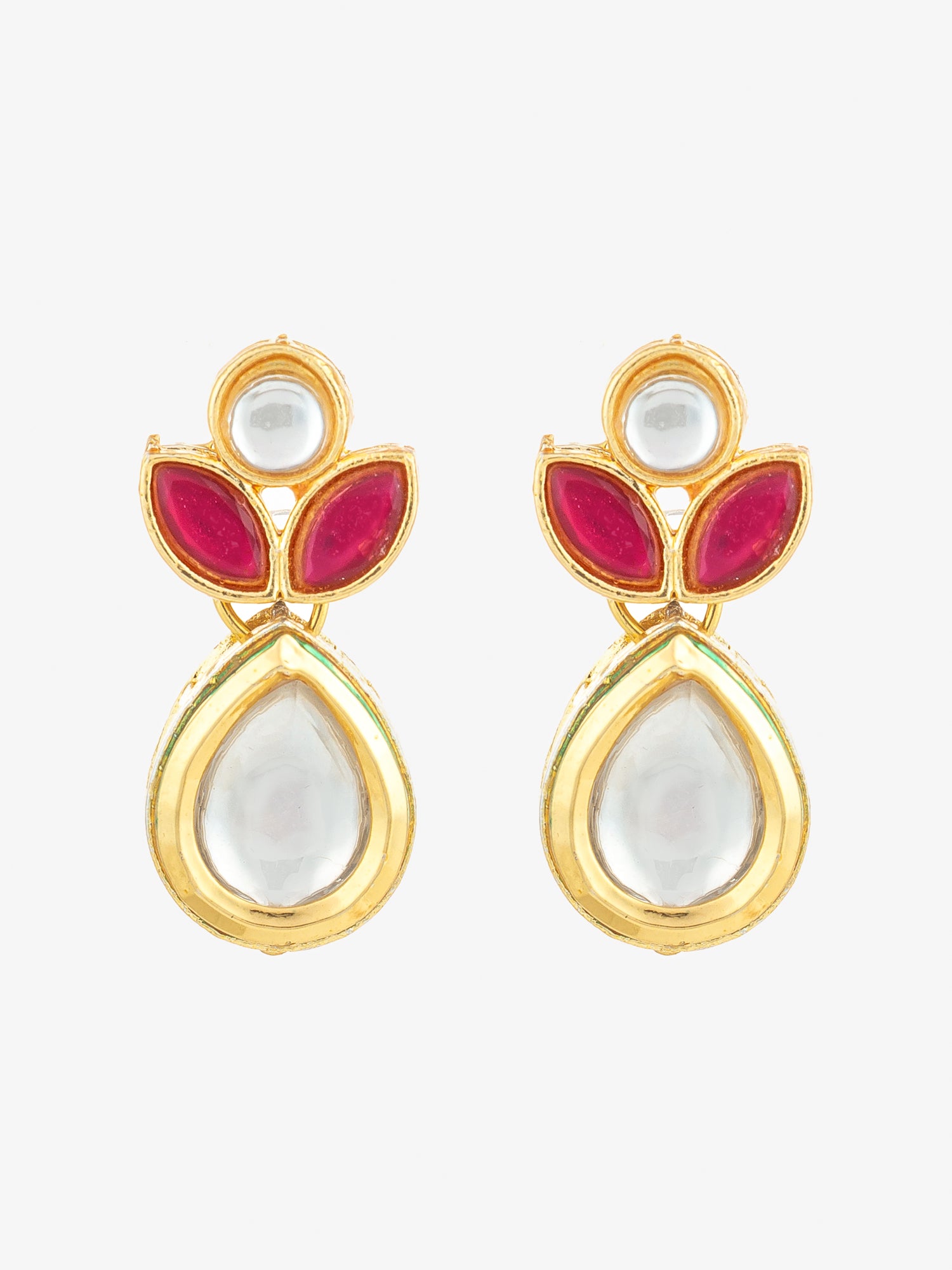 Aadita Gold Plated Floral Motif Ruby and White Stone Drop Earrings
