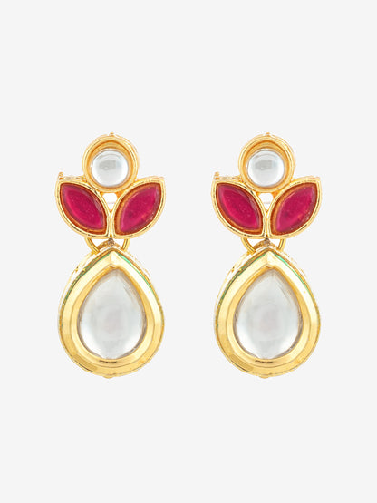 Aadita Gold Plated Floral Motif Ruby and White Stone Drop Earrings