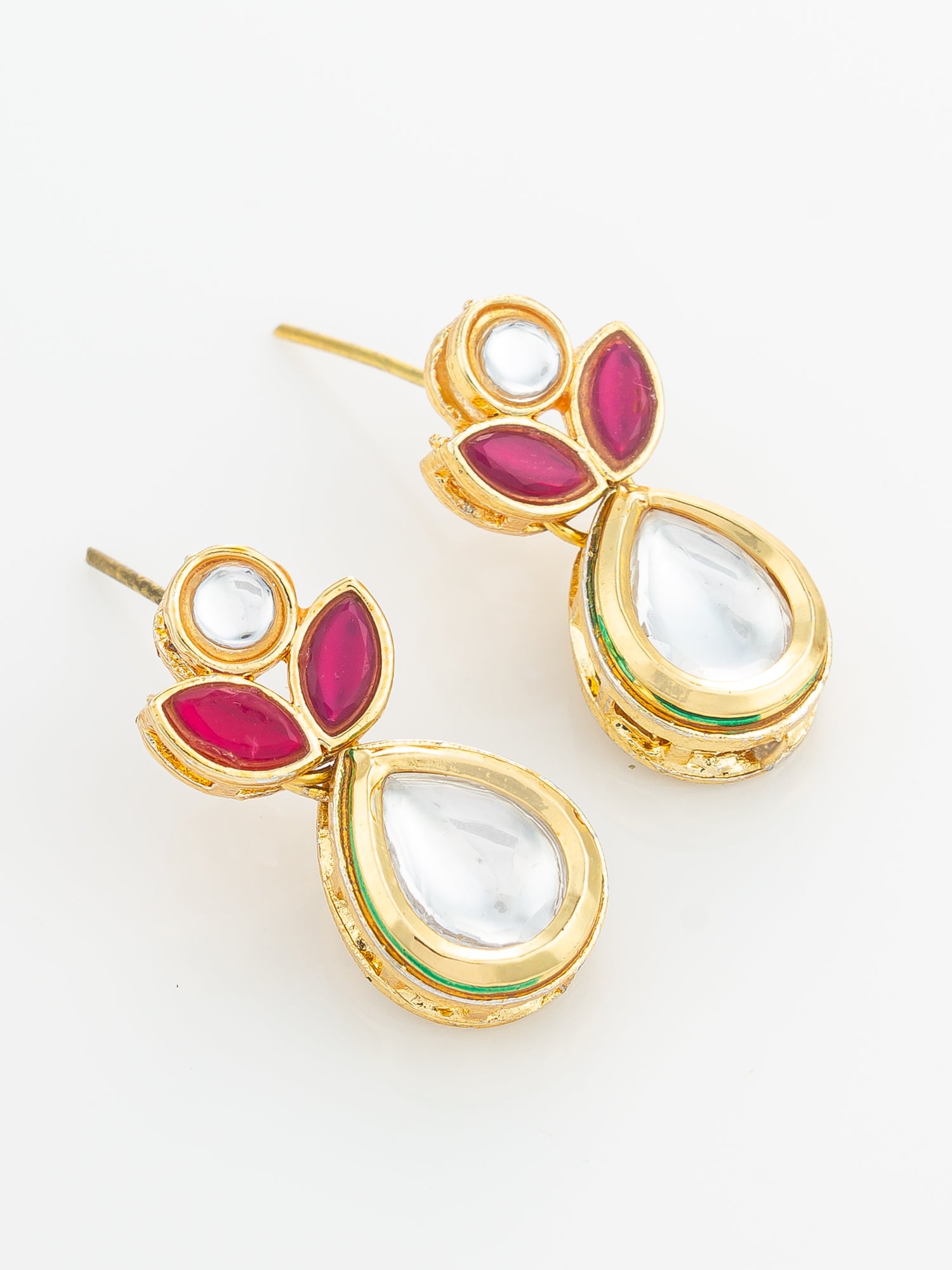 Aadita Gold Plated Floral Motif Ruby and White Stone Drop Earrings