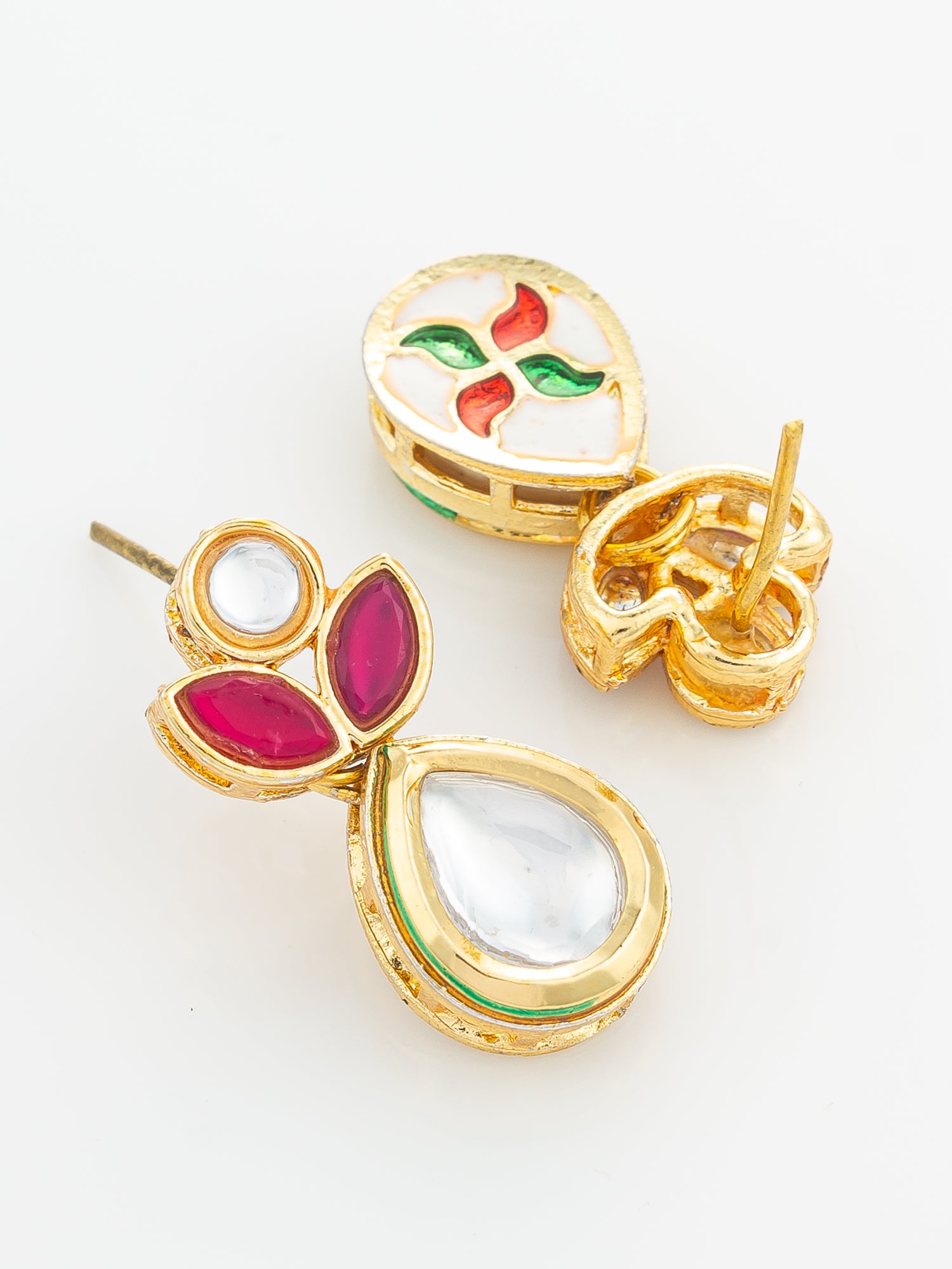 Aadita Gold Plated Floral Motif Ruby and White Stone Drop Earrings
