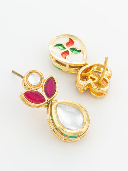 Aadita Gold Plated Floral Motif Ruby and White Stone Drop Earrings