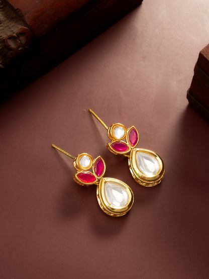 Aadita Gold Plated Floral Motif Ruby and White Stone Drop Earrings