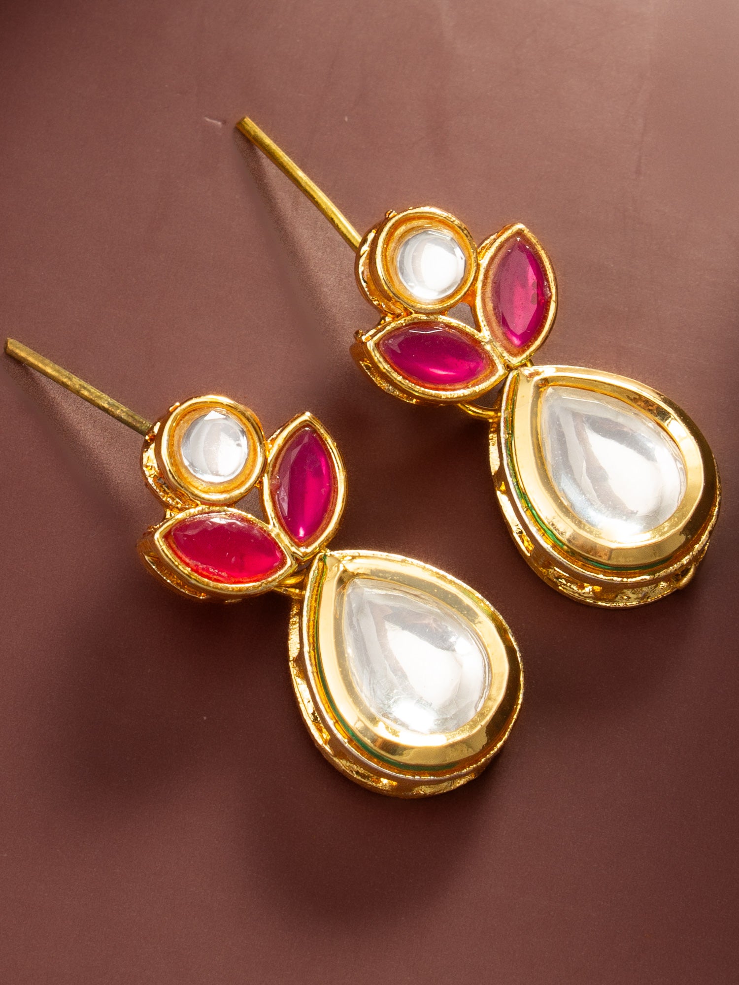 Aadita Gold Plated Floral Motif Ruby and White Stone Drop Earrings