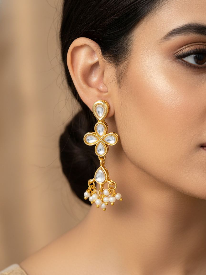 Aadita Floral Kundan Dangler Earrings with Pearl Accents