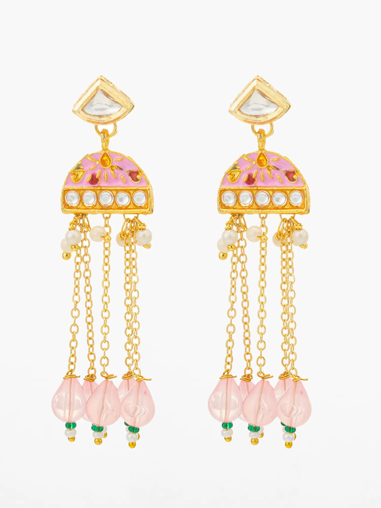 A pair of gold-plated dangle earrings with pink floral enamel, clear rhinestones, and dangling pink glass beads on a white background.