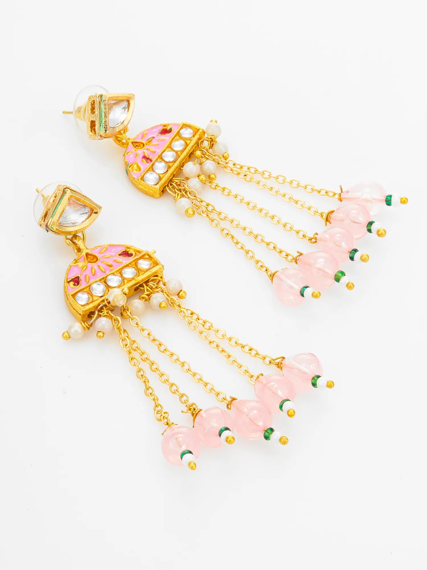 Gold-plated dangle earrings with pink enamel details, white stone accents, and dangling pink glass beads on a white background.