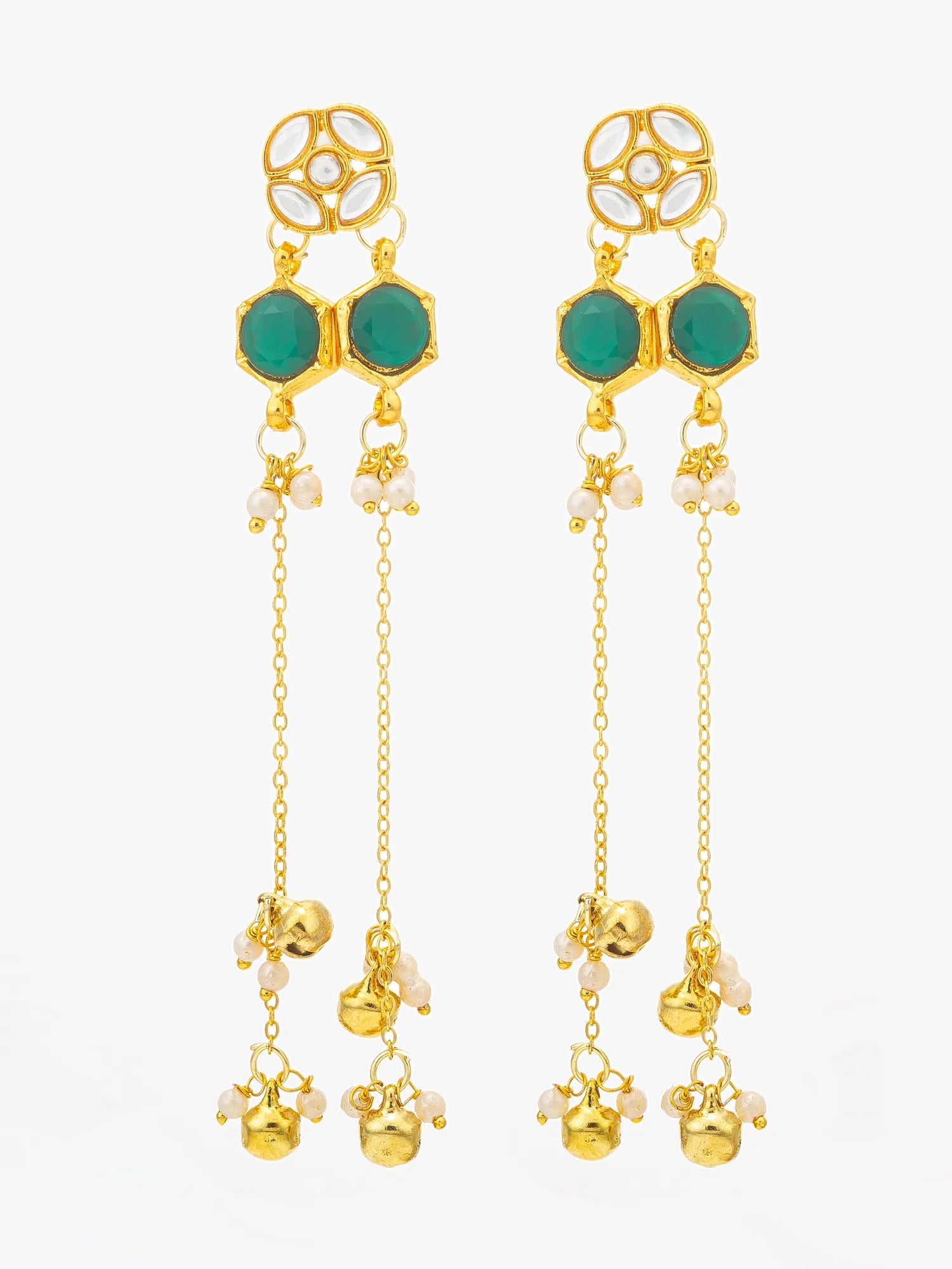 A pair of gold-toned dangle earrings with green stone accents and small white pearl-like beads, shown on a plain light background.