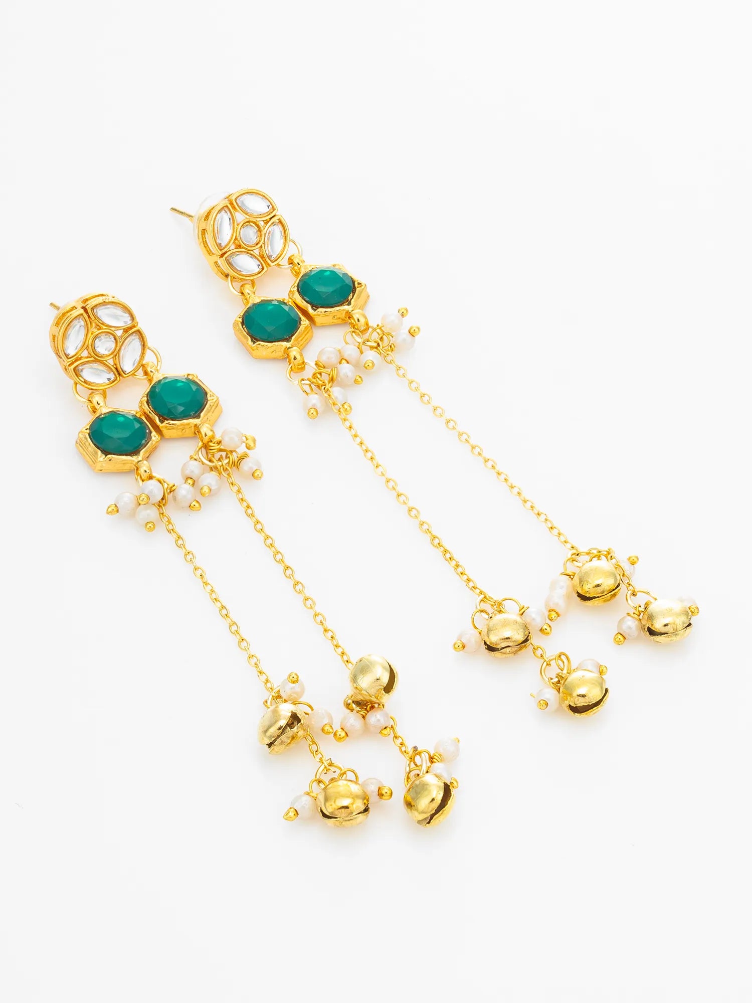 A pair of gold-plated dangle earrings with green hexagonal stones and small pearl-like accents, displayed on a clean white background.