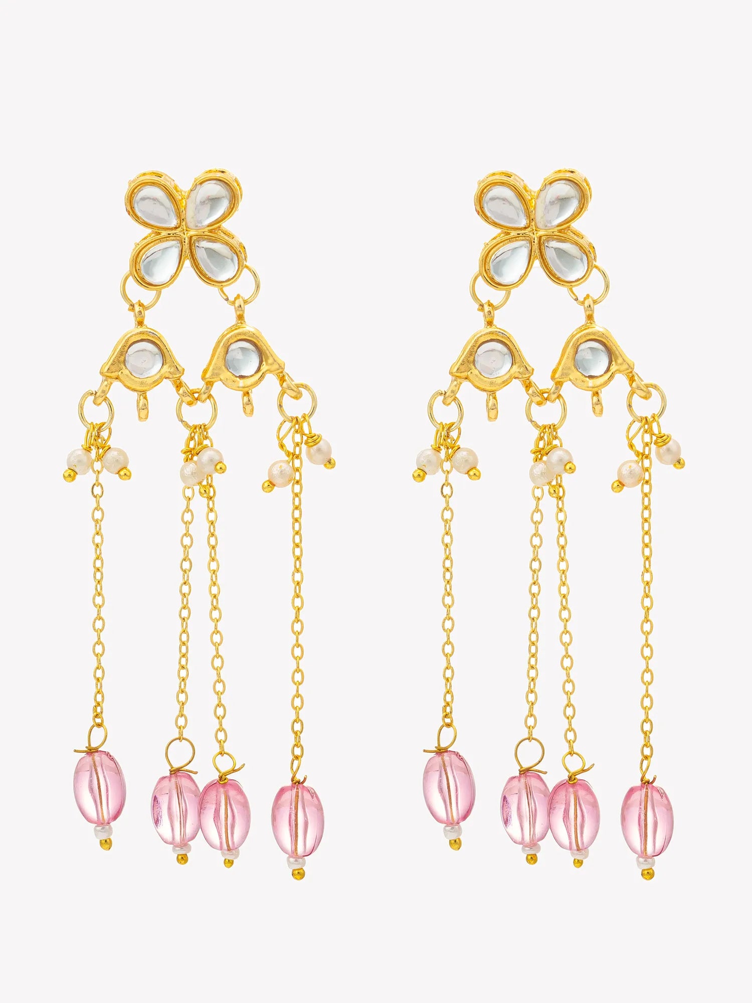 A pair of gold-tone dangle earrings with four clear stone clusters at the top, three gold chains with small white bead accents, and pink faceted bead drops at the bottom, shown on a light gray background.