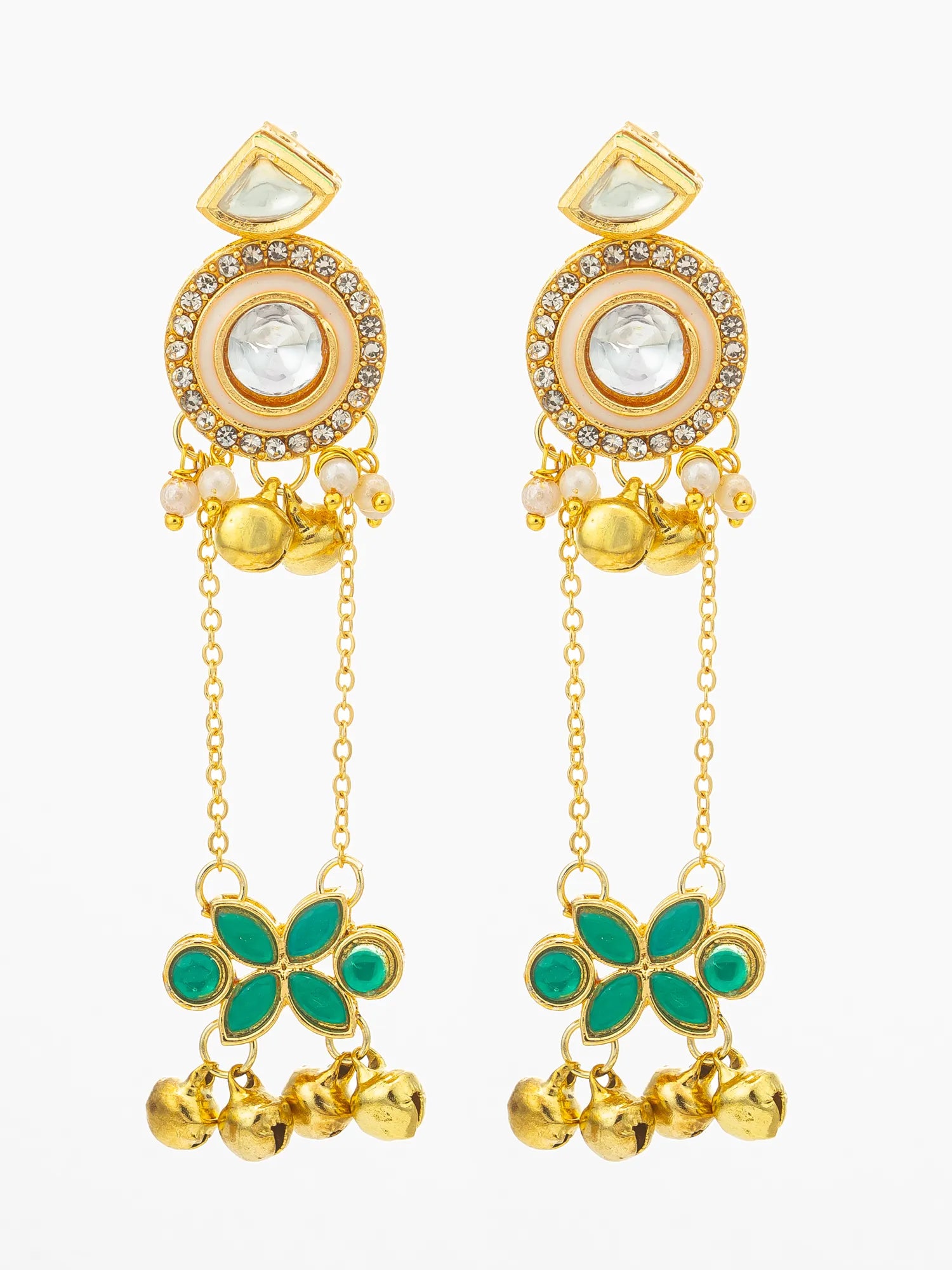 A pair of gold-plated Indian Kundan dangle earrings with green enamel flower charms, white stone accents, and small gold bells, shown against a plain white background.