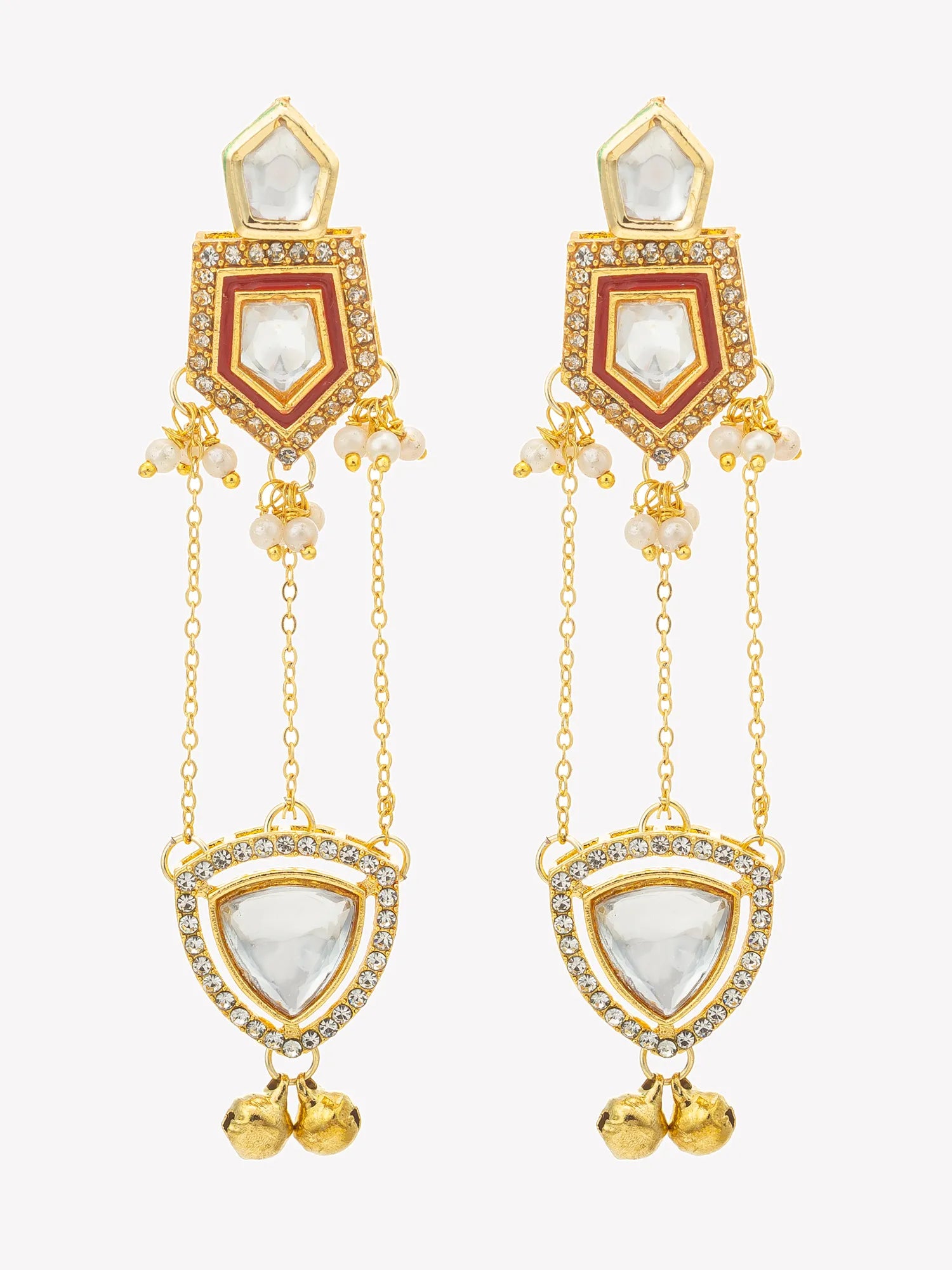 A pair of gold-plated dangle earrings featuring cream-colored stones, red enamel inlays, and small white pearl-like beads, set against a plain light gray background.