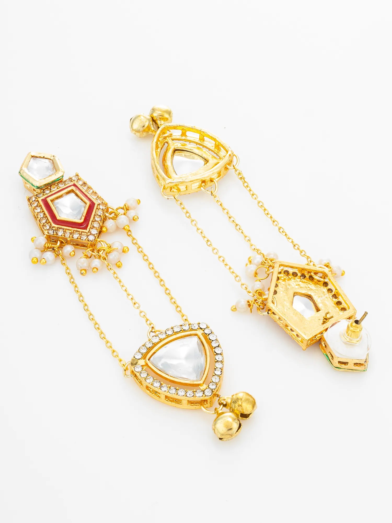 A pair of gold-toned traditional Indian choker earrings with intricate geometric designs, white stone accents, and small pearl-like beads, displayed on a clean white background.