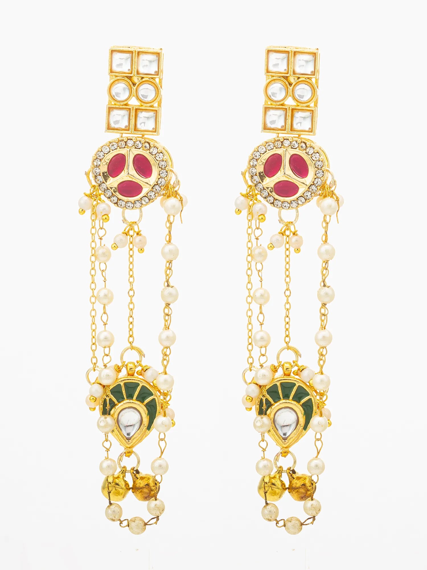 A pair of gold-plated Indian Kundan dangle earrings with red and green enamel details, white faux pearls, and clear crystals on a white background.