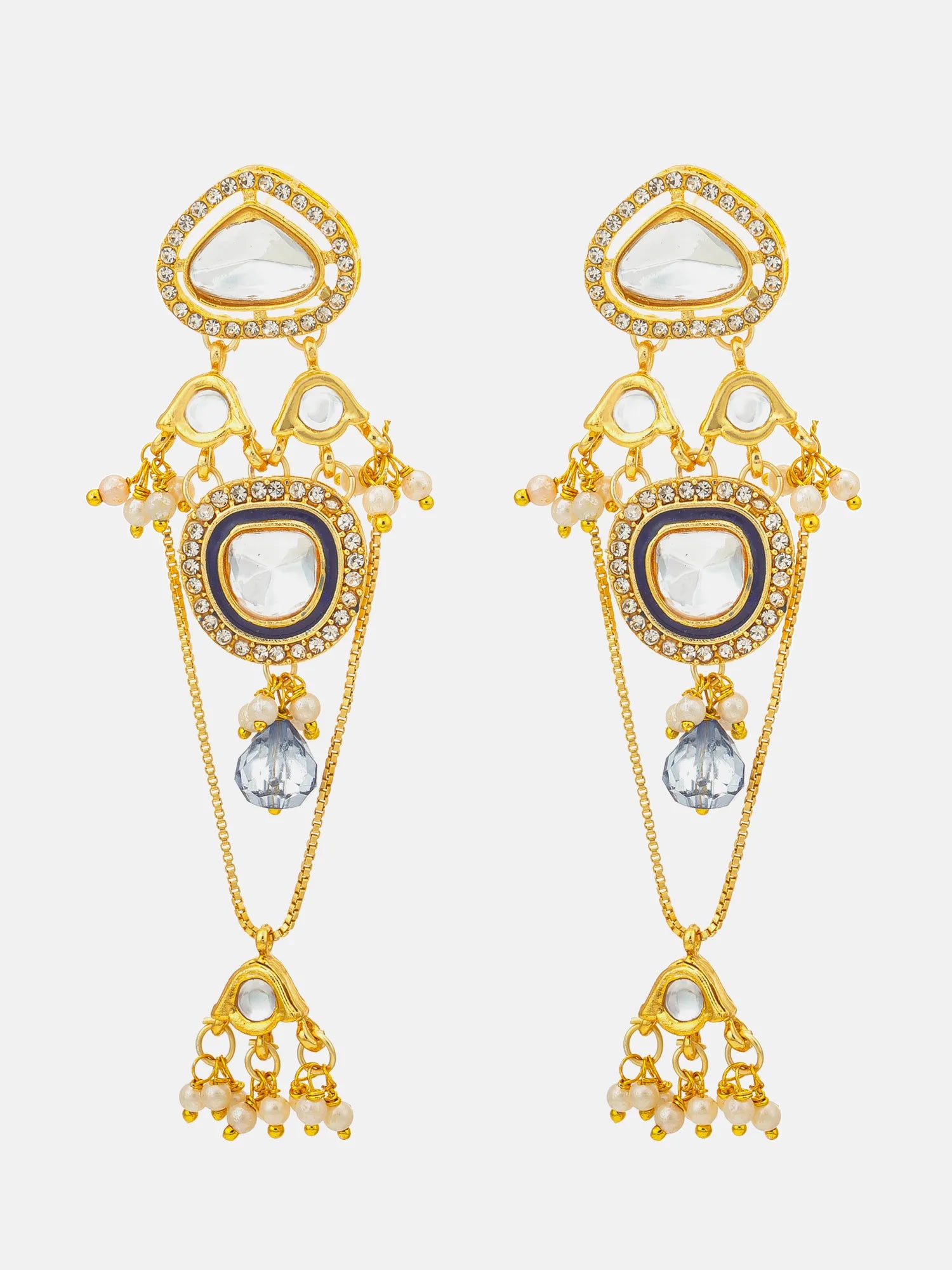 A pair of gold-toned Indian style dangle earrings with heart-shaped clear crystals, blue enamel accents, and small pearl-like beads, displayed on a clean white background.