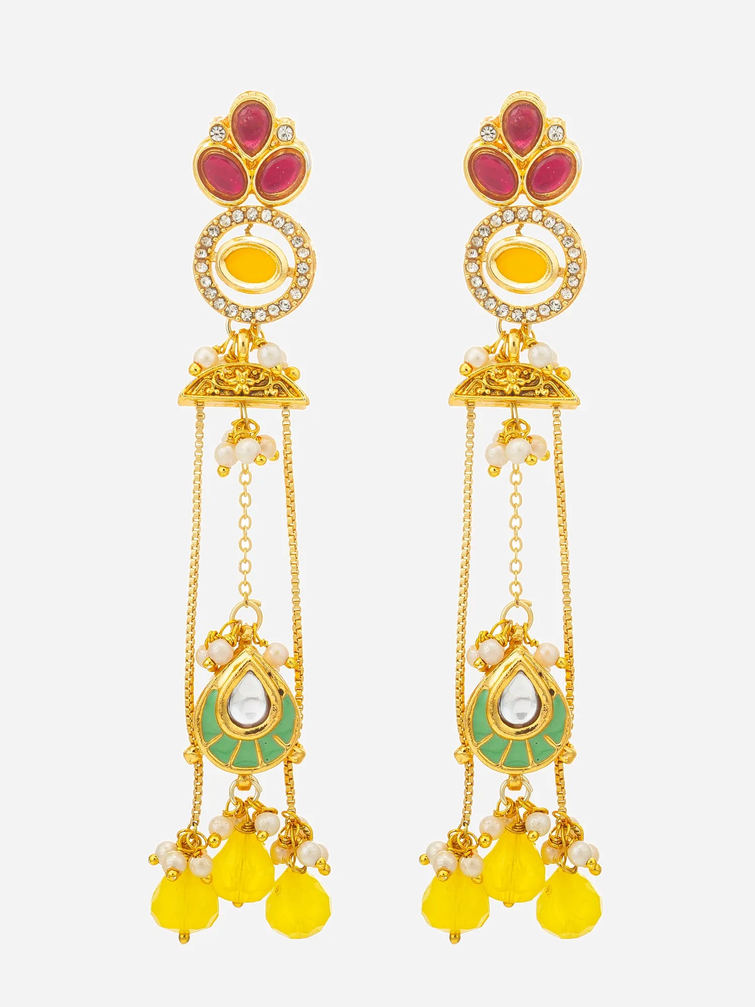 A pair of ornate gold-toned dangle earrings with pink and yellow stones, white pearl-like beads, and green enamel details, shown on a light gray background.