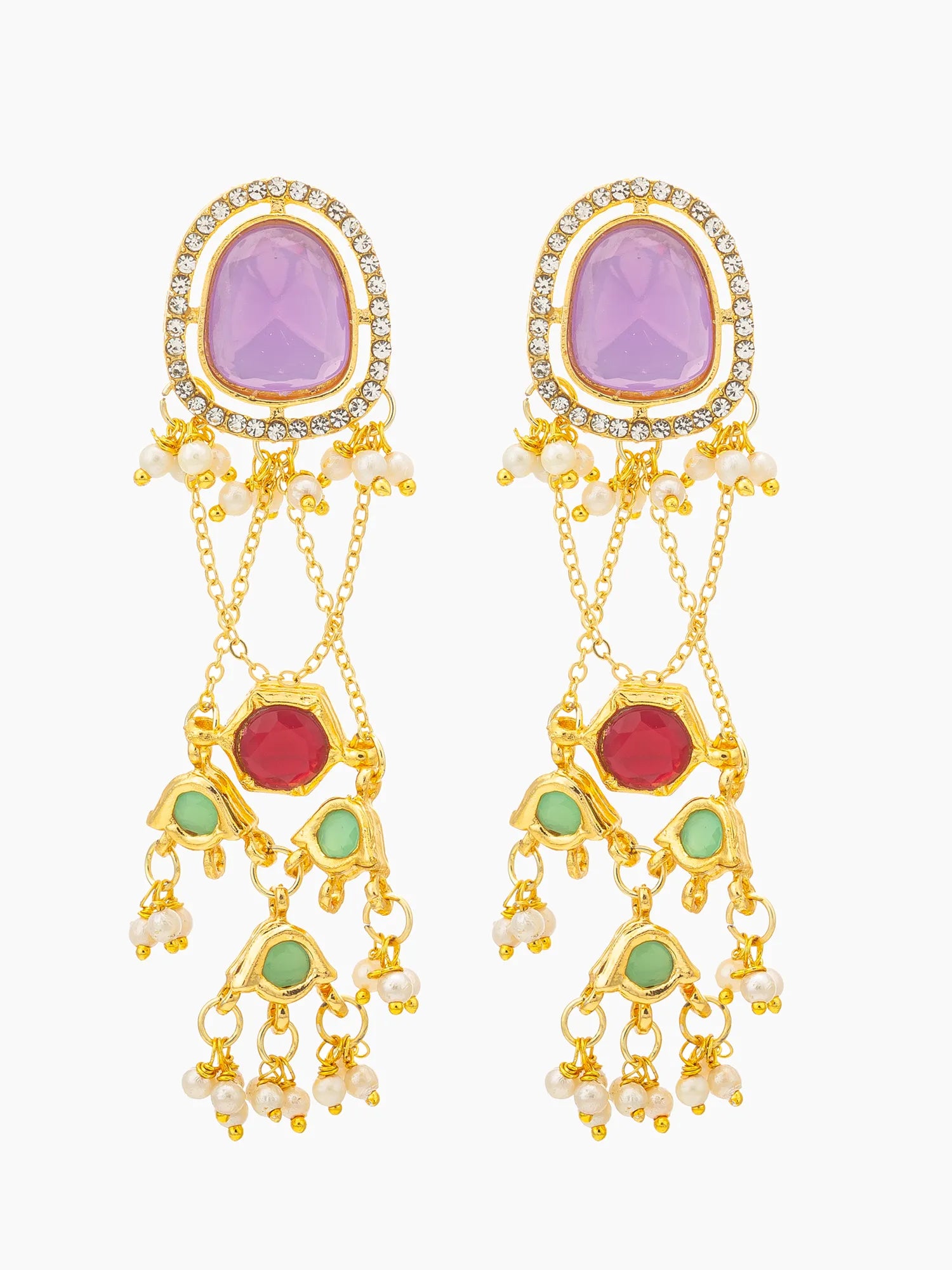A pair of gold-toned dangle earrings featuring oval lavender purple stones, red round stones, light green stones, and small white pearl-like beads, set against a plain white background.