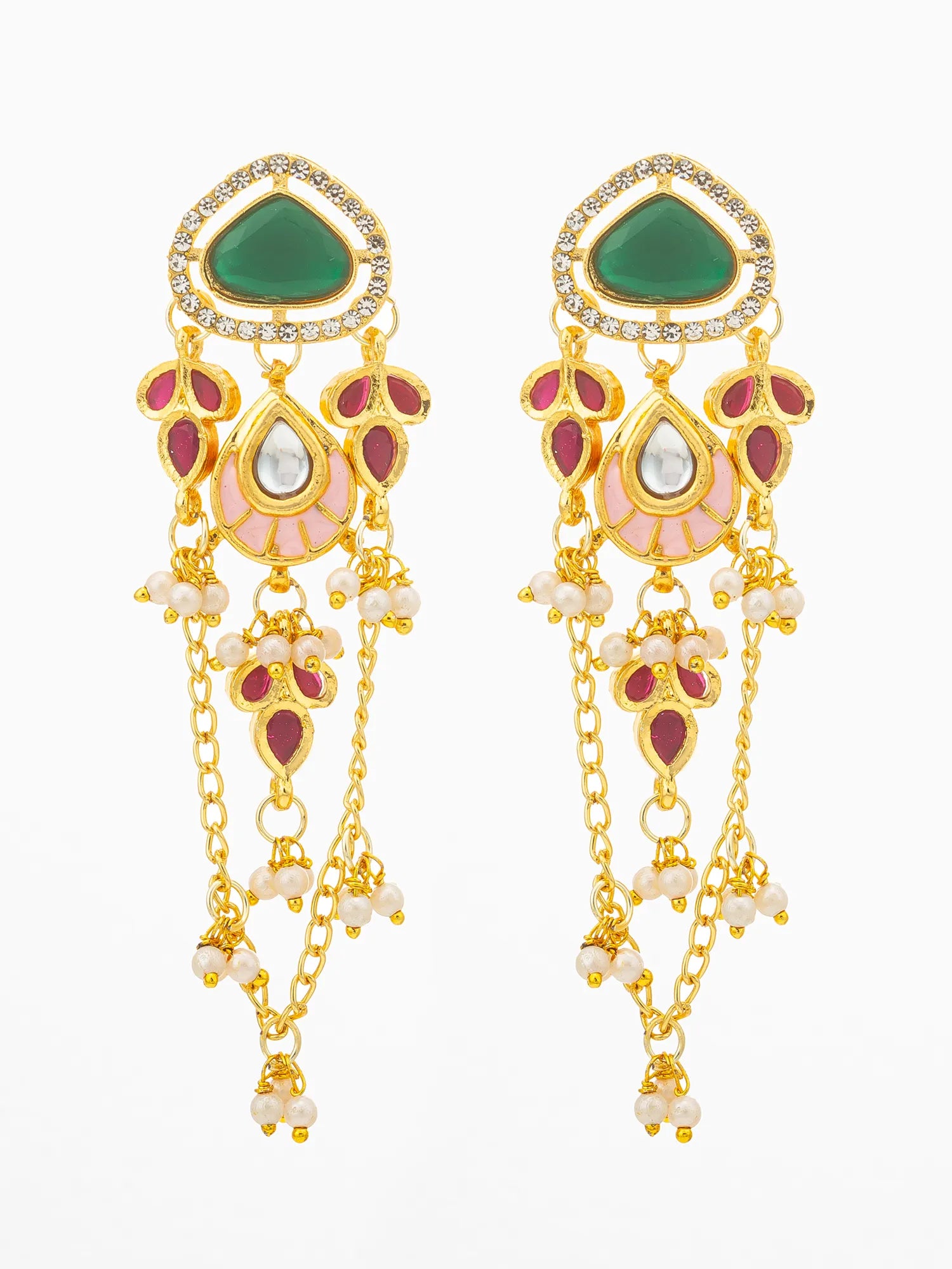 A pair of gold-plated dangle earrings with green, pink, and red enamel details, white pearl-like beads, and a small crystal halo at the top, shown against a plain white background.