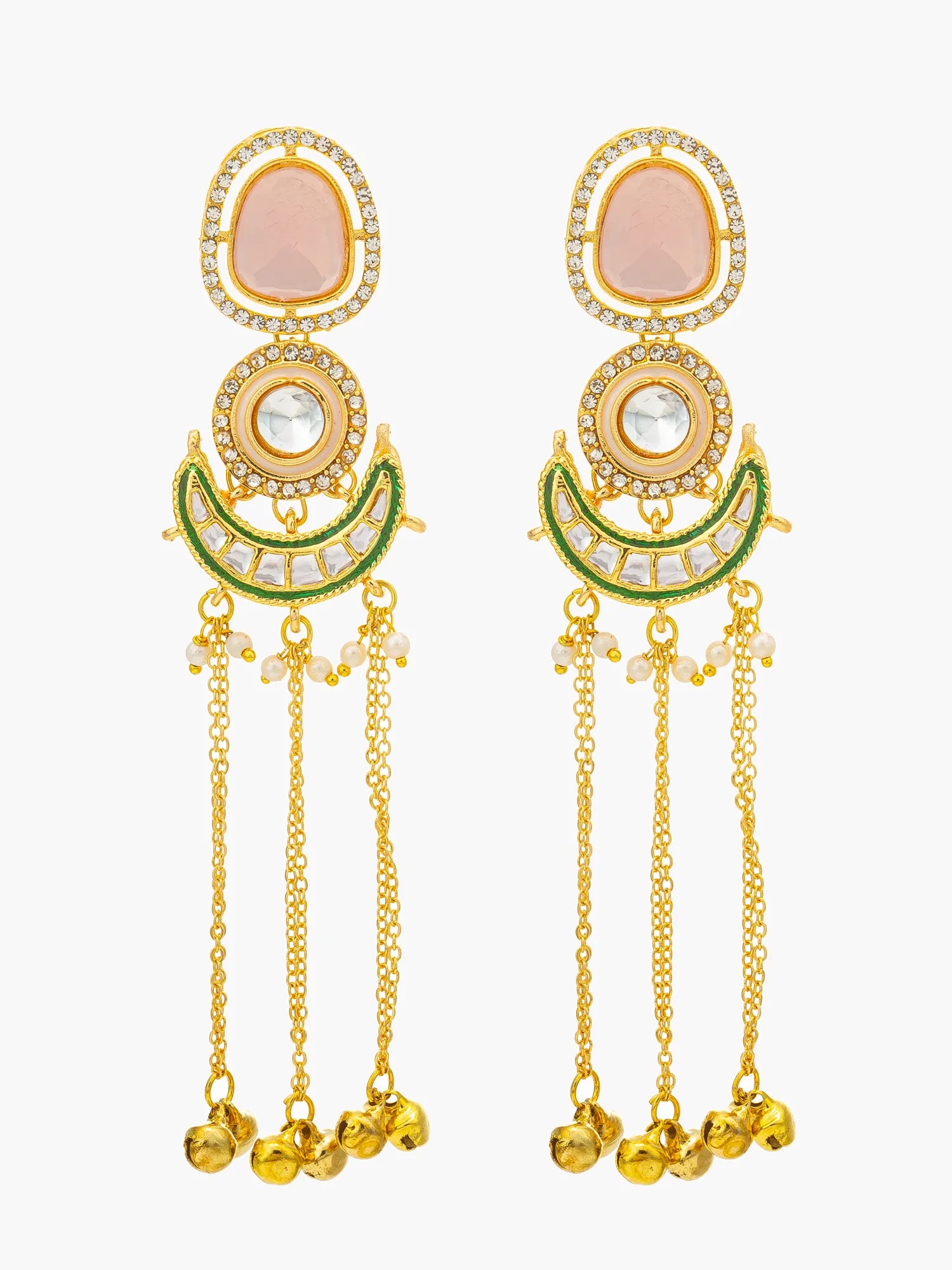 A pair of gold-plated dangle earrings featuring oval pink stone studs, circular clear rhinestone details, a green crescent moon charm, and dangling gold chains ending in small gold bells, set against a plain white background.
