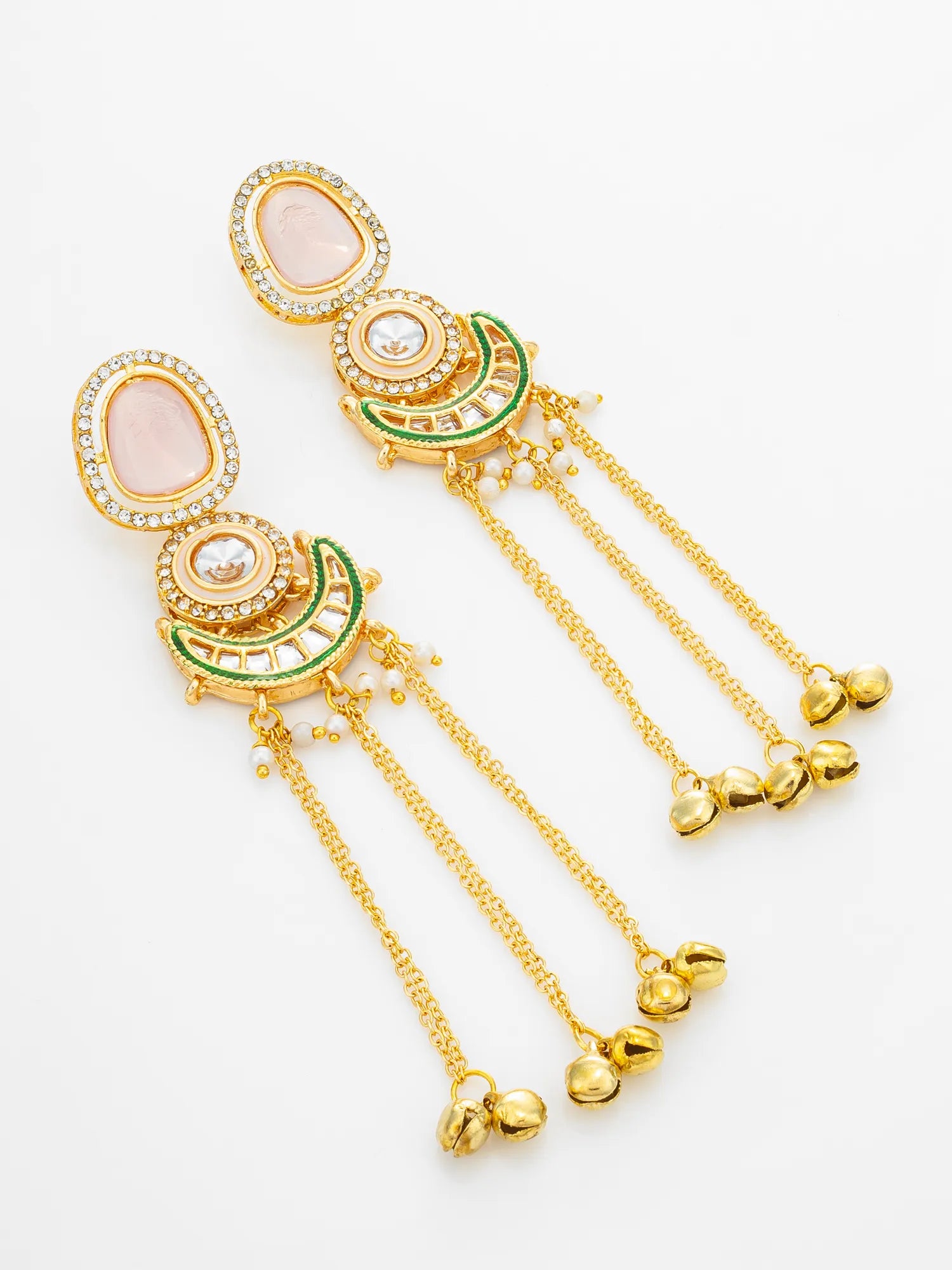A pair of gold-toned dangle earrings with oval pale pink stone accents, green enamel details, and multiple dangling chains ending in small gold bells, shown on a plain white background.
