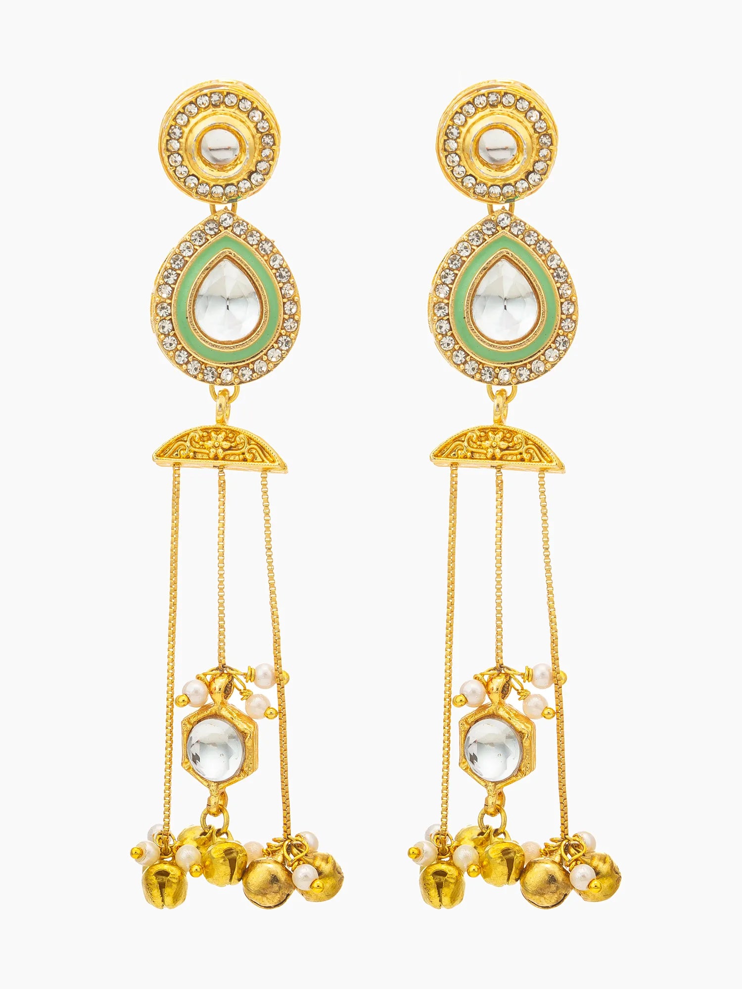 A pair of gold-plated Indian-style dangle earrings with light green enamel accents, clear stone inlays, and small dangling bells, shown against a plain white background.