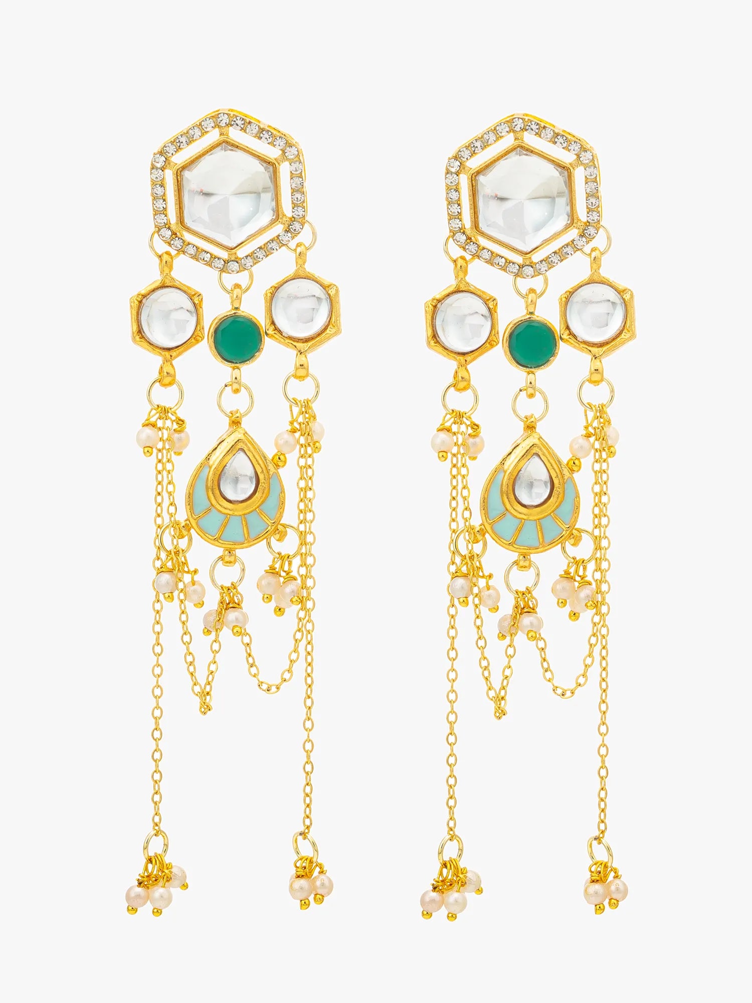 A pair of gold-toned statement dangle earrings with clear rhinestone-encrusted hexagonal tops, white circular stones, green oval accents, and teardrop motifs with light blue enamel, finished with dangling chain and bead elements on a light gray background.