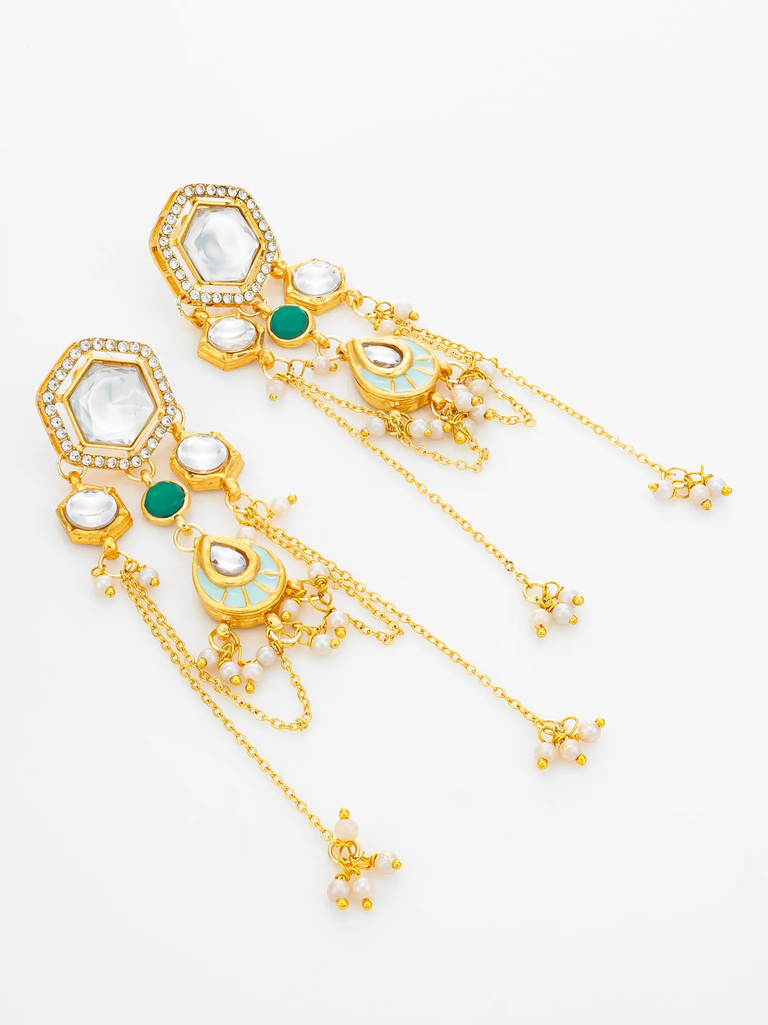 A pair of gold-toned dangle earrings with white stone accents, green oval stones, and light blue enamel details, displayed on a clean white background.