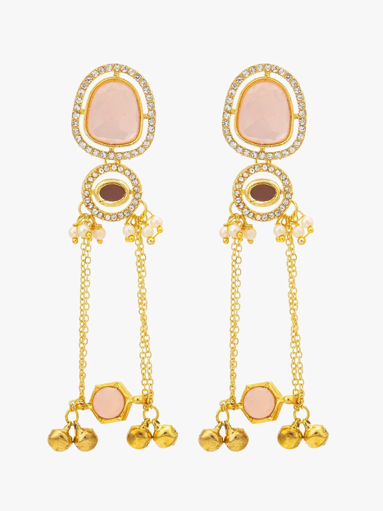A pair of gold-toned statement dangle earrings featuring pale pink stone inlays, clear rhinestone borders, and small dangling gold bells on a light gray background.