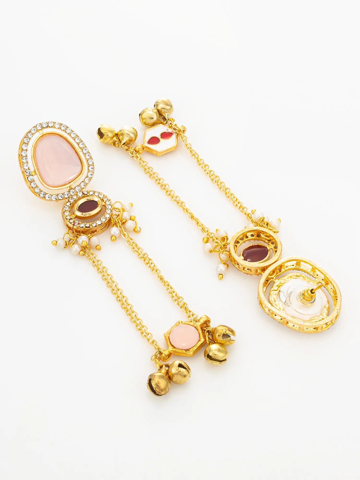 A pair of gold-toned dangle earrings with pink and brown stones, rhinestone accents, and small dangling charms, displayed on a clean white background.