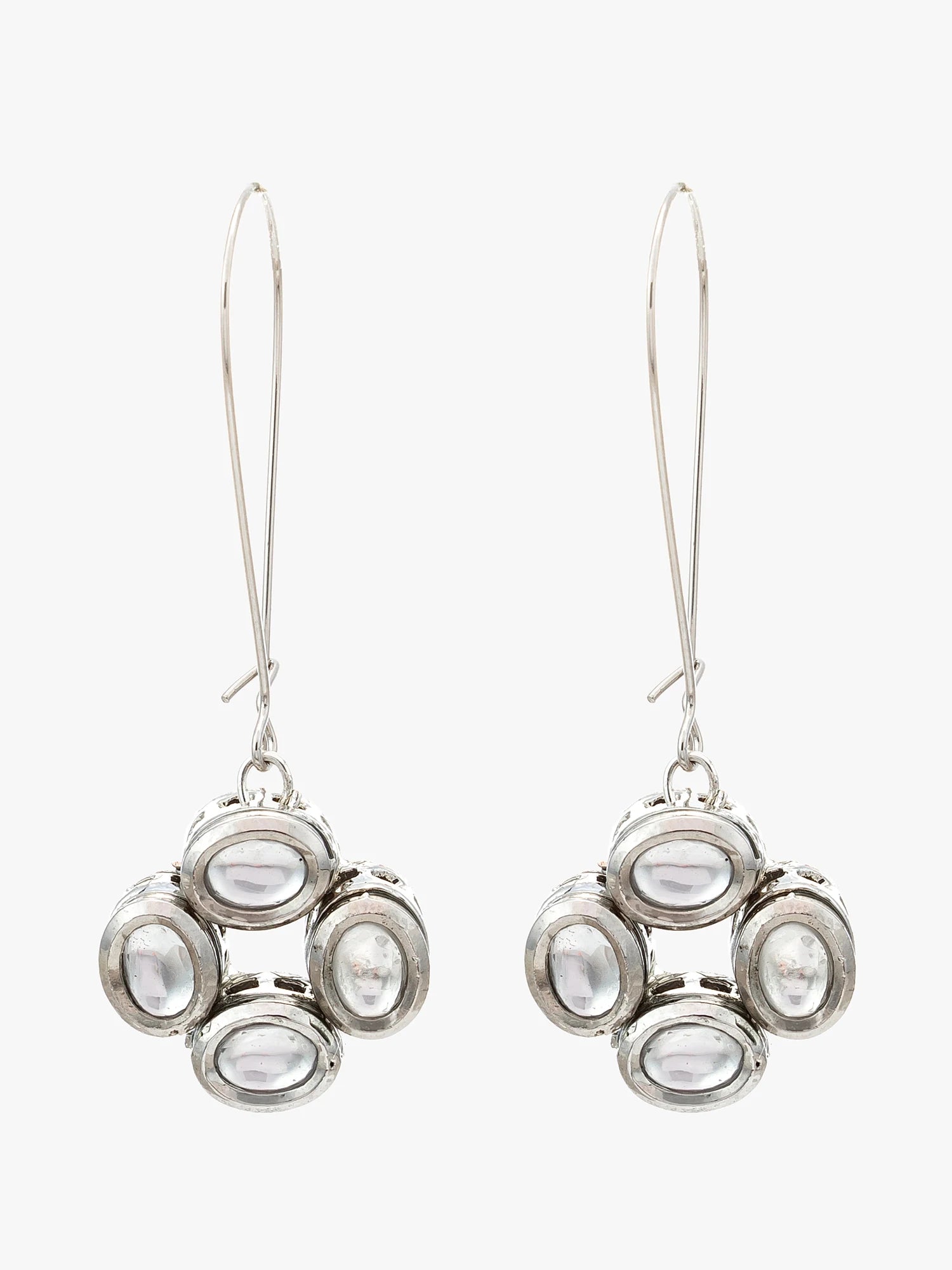 A pair of silver-toned dangle earrings with five oval clear stones arranged in a flower-like cluster on each earring, shown against a plain light gray background.