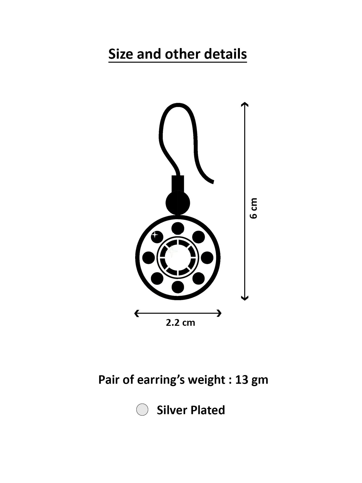 Diagram of a silver earring with dimensions and weight details on a white background