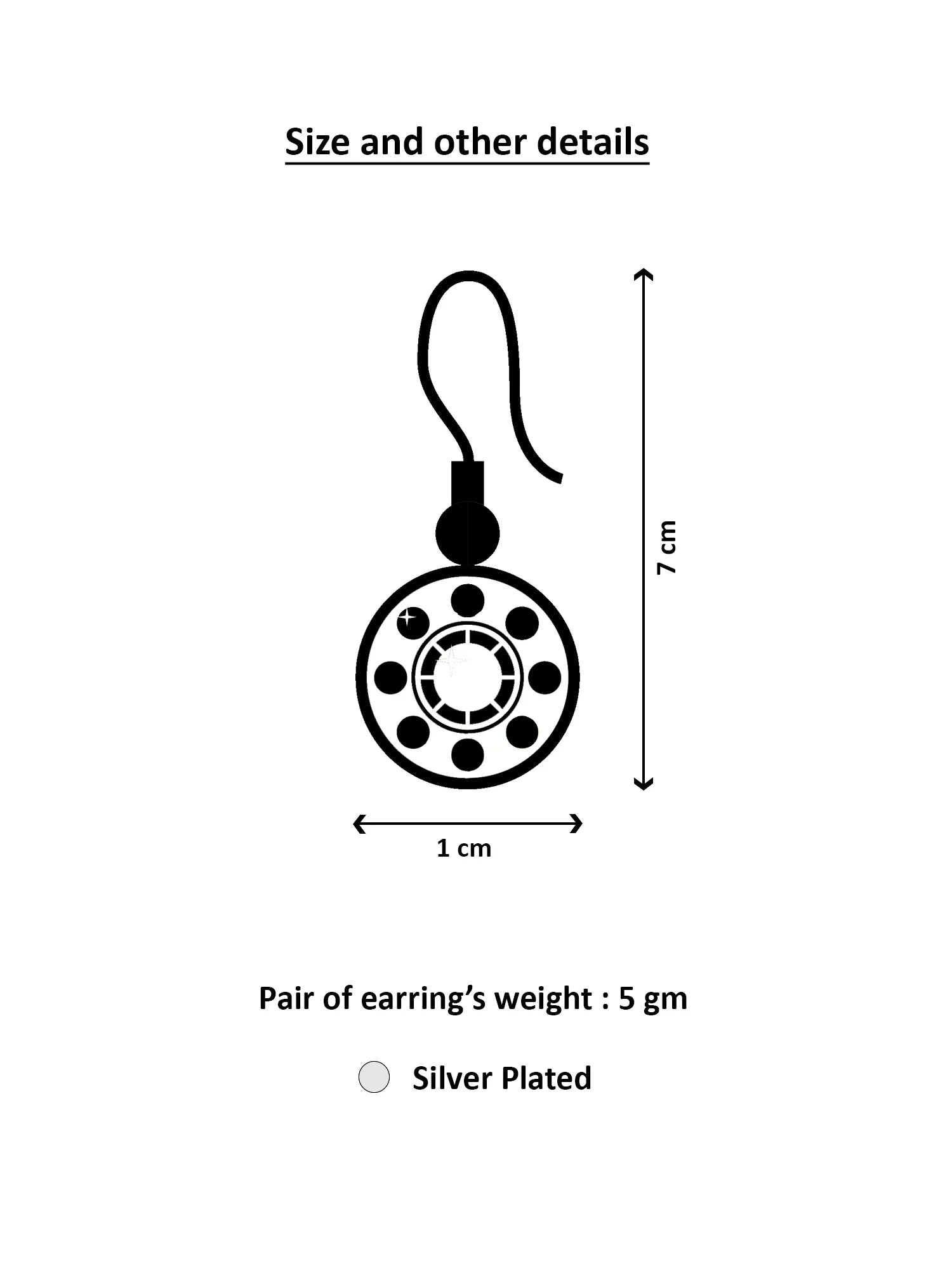 Diagram of a silver earring with dimensions and weight details on a white background