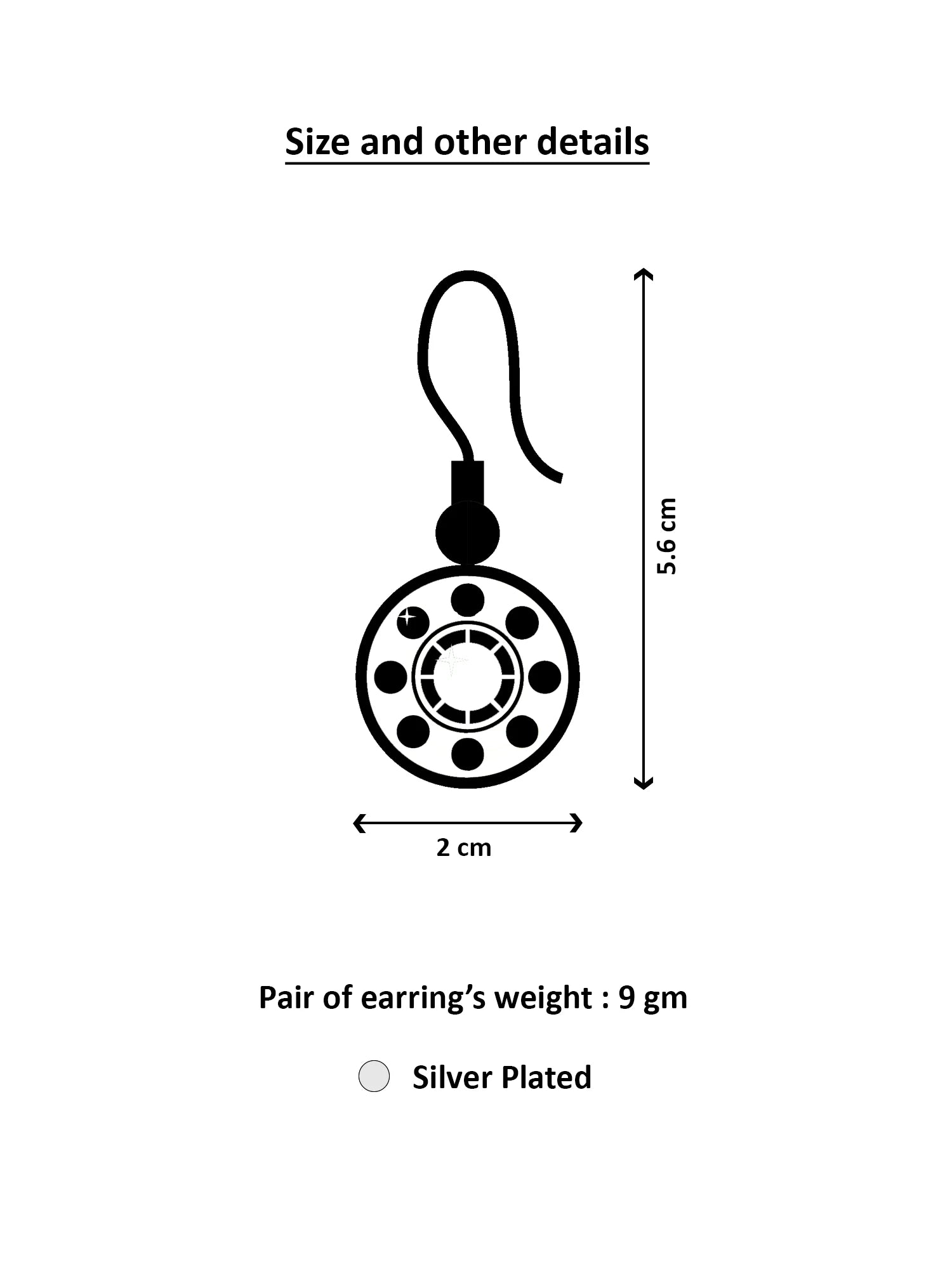 Diagram of a silver earring with dimensions and weight details on a white background