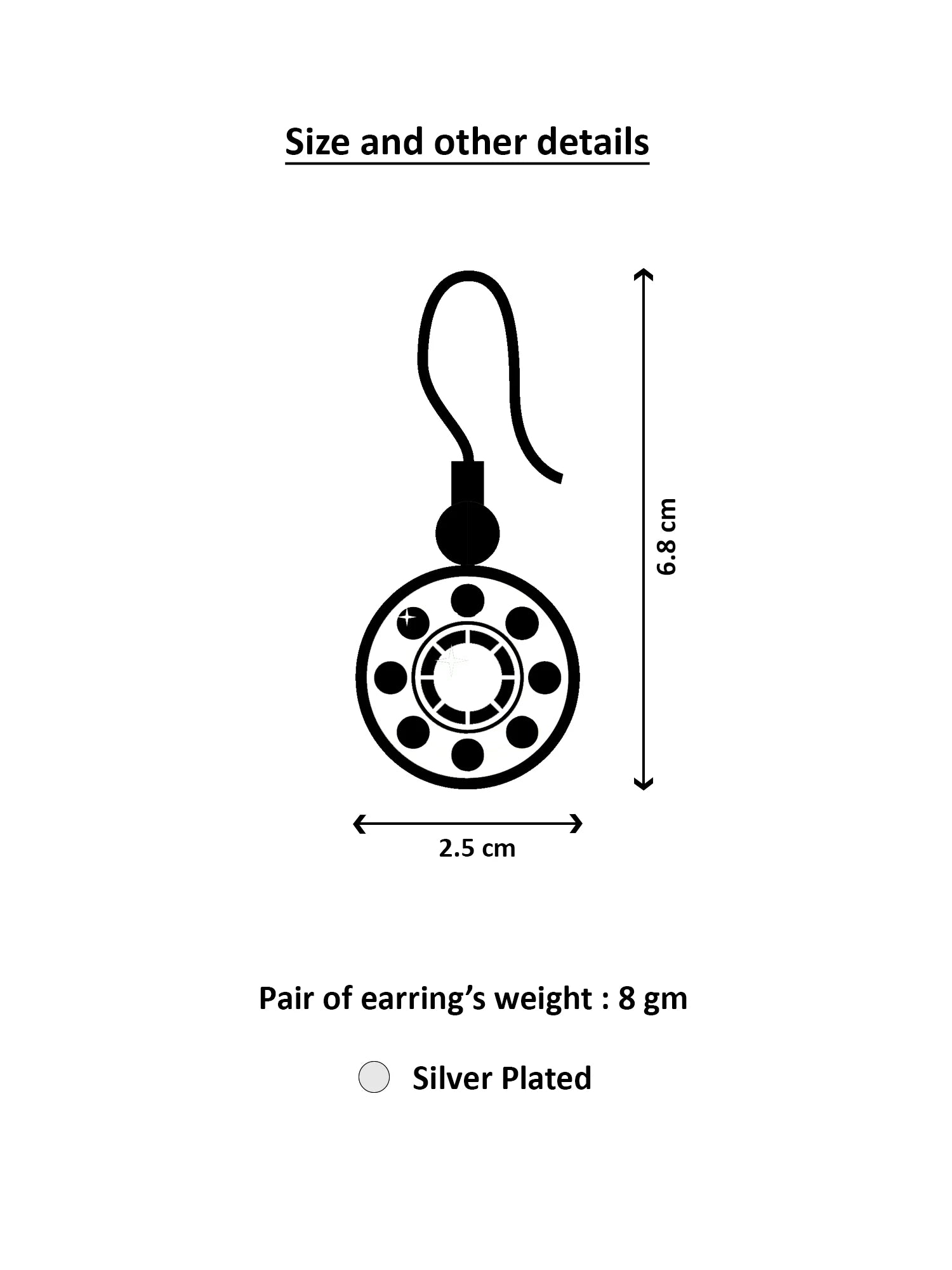 Diagram of a silver earring with dimensions and weight details on a white background