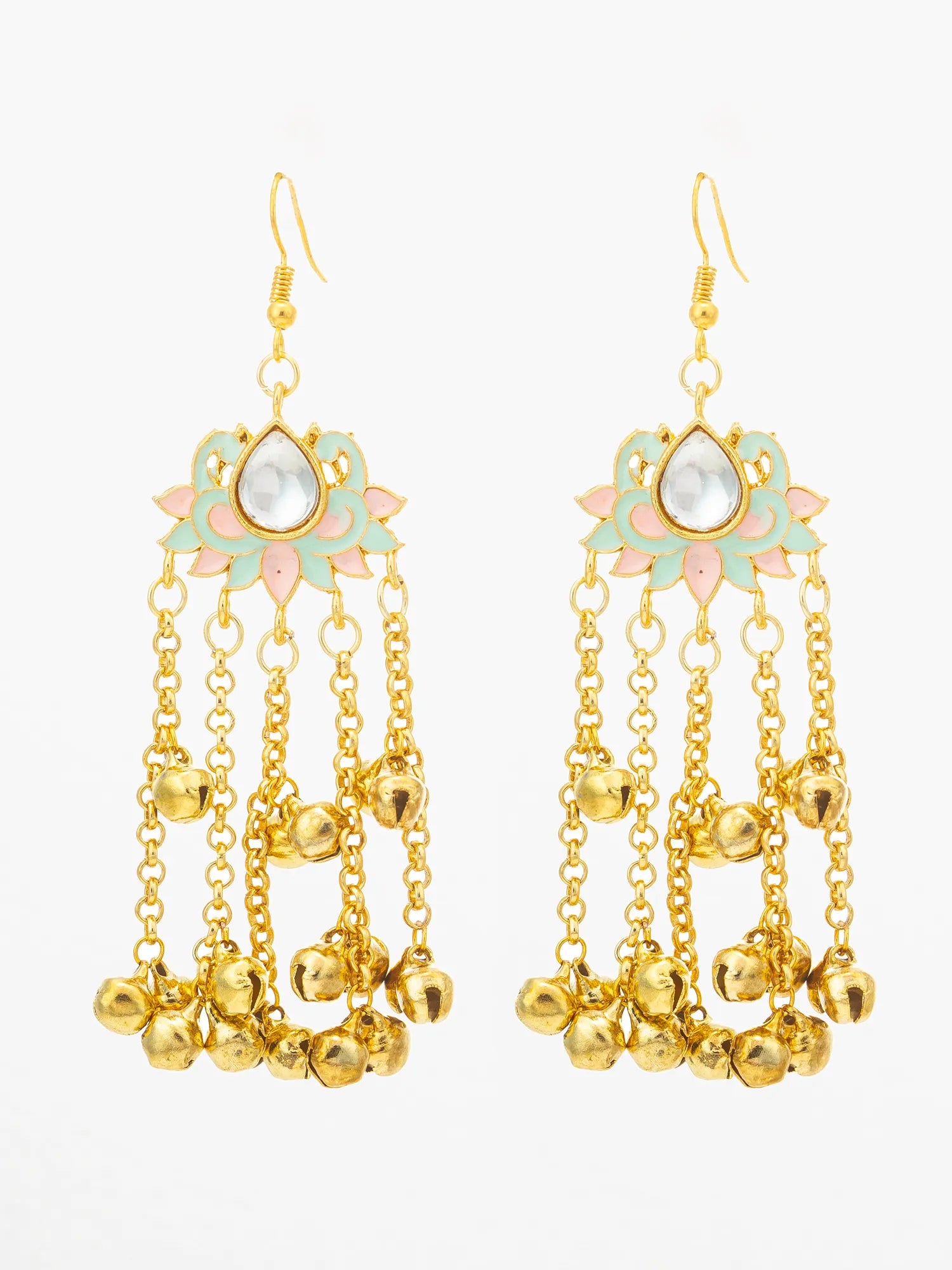 A pair of gold-tone dangle earrings with floral enamel details in light green and pink, a teardrop-shaped white stone, and multiple dangling bell chains at the bottom, shown on a plain white background.
