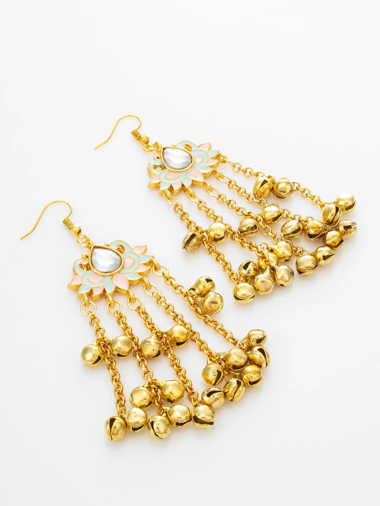 A pair of gold-toned dangle earrings with floral tops, small pastel enamel accents, and multiple dangling bell charms on a plain white background.