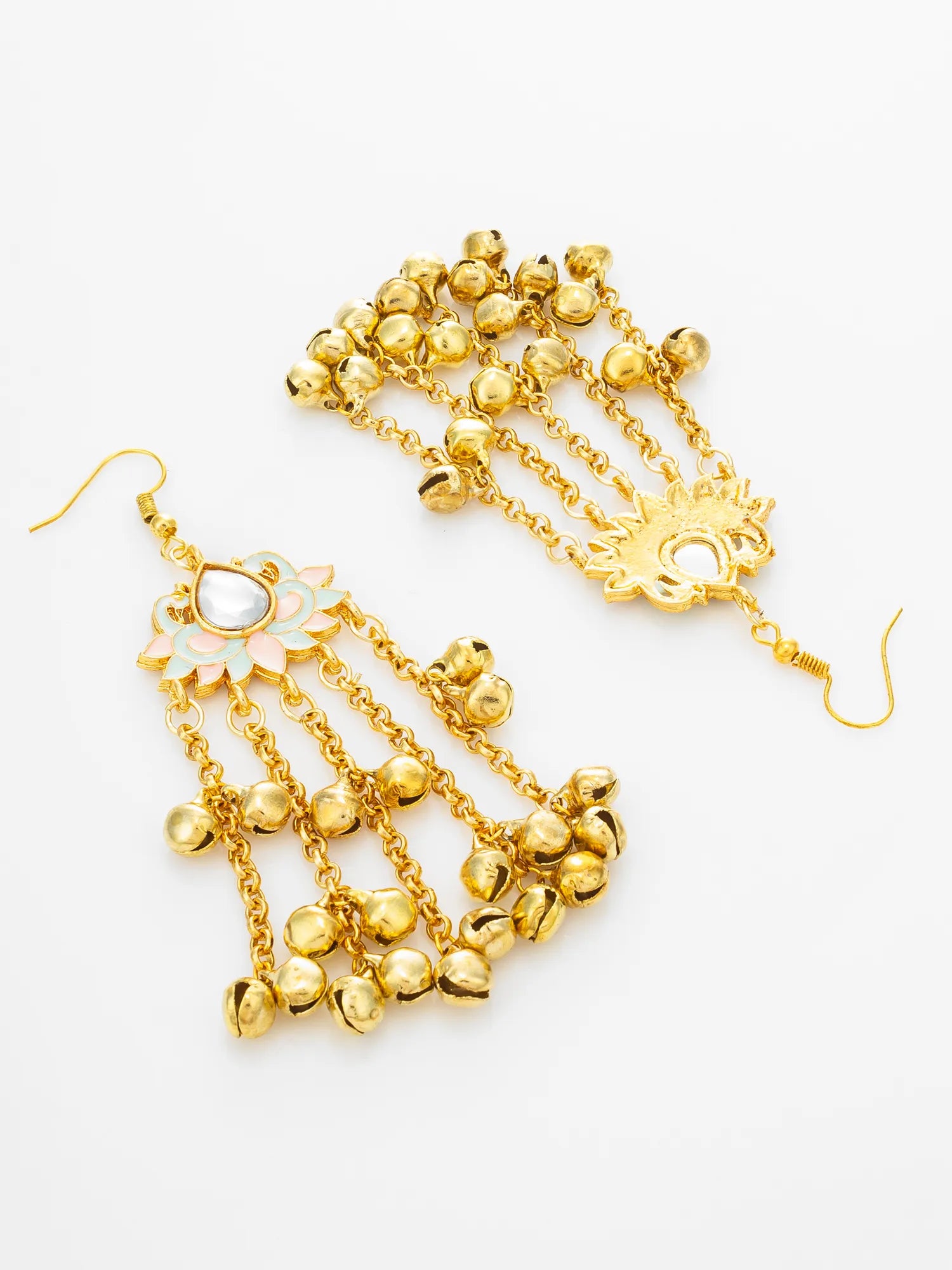 A pair of gold-toned dangling earrings with multiple chains, small bell charms, and a floral detail on a white background.