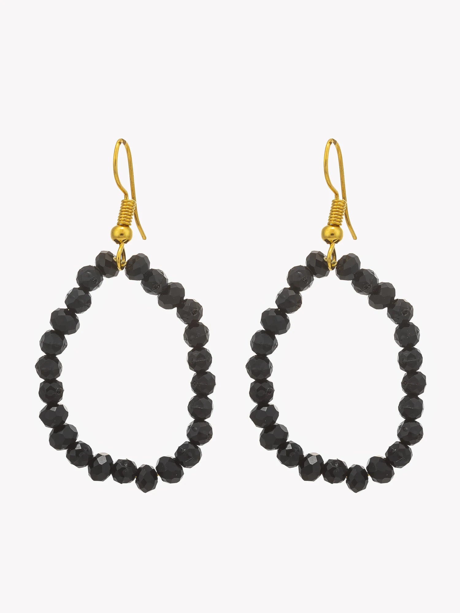 A pair of black beaded teardrop hoop earrings with gold fishhook wires, displayed against a solid light gray background.