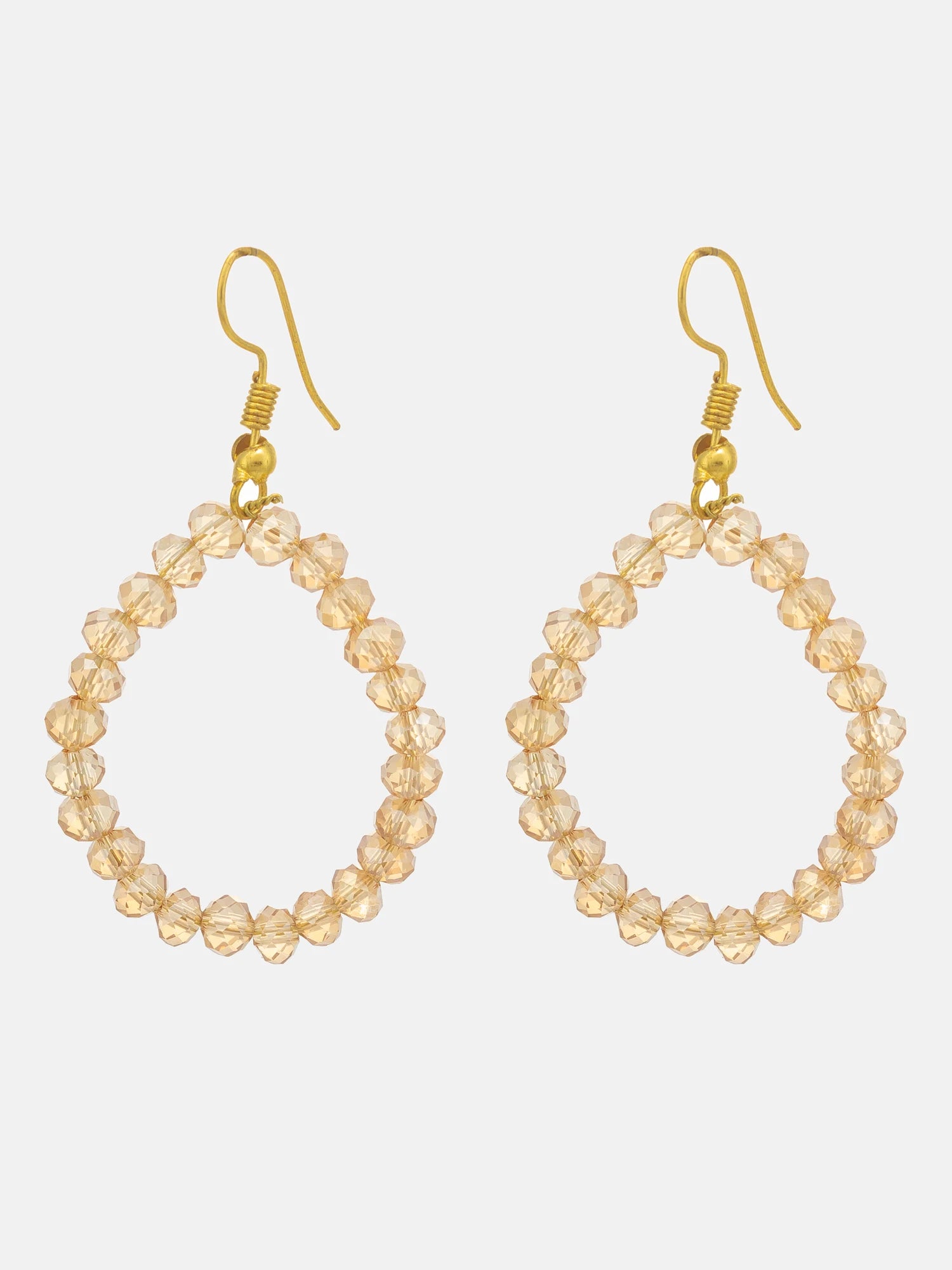 A pair of gold-tone drop earrings with beaded teardrop-shaped hoops made of faceted, clear beads, shown against a light gray background.